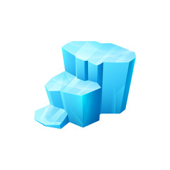 Ice crystal, blue iced vector floe. Salt mineral, stepped cap snowdrift or turquoise colored icicle winter ui design element. Ice cube, glass piece or snowy block isolated cartoon crystal