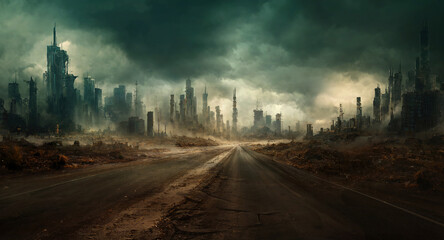 A futuristic cityscape with a post apocalyptic and dark tone.
 - obrazy, fototapety, plakaty
