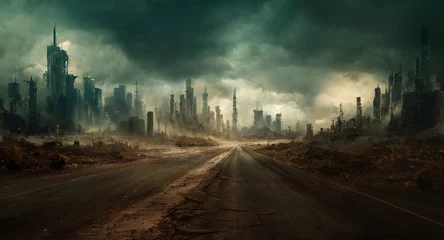 Fotobehang A futuristic cityscape with a post apocalyptic and dark tone.  © David Edwards