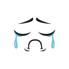 Cartoon crying face with tears dripping from wet closed eyes. Vector upset emoji, dissatisfied facial expression, funny unhappy plaintive or piteous feelings isolated on white background