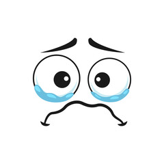 Fototapeta premium Cartoon crying face emoji with tears in wet round eyes and trembling mouth. Upset vector dissatisfied facial expression, unhappy plaintive or piteous feelings isolated on white background