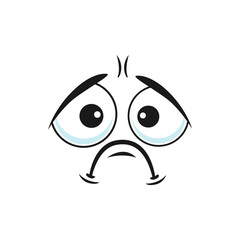 Cartoon sad face, vector unhappy or upset emoji, tragic facial expression with plaintive look and corners of the mouth curve down. Negative feelings, sadness emotion isolated on white background