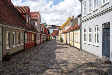 Odense / Denmark: View through Overstraede alley in the historic old town