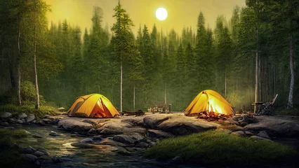 Foto op Plexiglas Kamperen in de natuur in het bos aan de oevers van de rivier, gele tent, vreugdevuur, maan. Kamperen, wandelen, weekend, toerisme. 3D illustratie. © MiaStendal