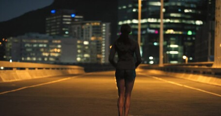 Running, night and fitness sport woman runner stretching legs after run, exercise and workout in urban city road. Health, personal trainer and sports athlete taking time to stretch before training