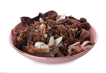 Aromatic potpourri of dried flowers in bowl on white background