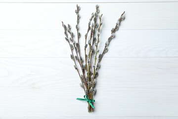 Beautiful bouquet of pussy willow branches on white wooden background, top view - obrazy, fototapety, plakaty
