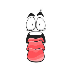 Obraz premium Cartoon shocked face with long folded tongue, funny vector character, astonished emoji. Dumbfounded facial expression with wide open mouth and goggle eyes, wow feelings