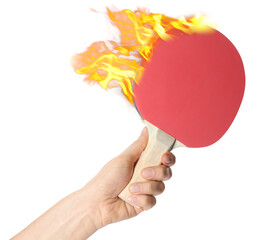 Woman holding racket in fire on white background, closeup