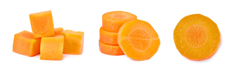 Fototapeta na wymiar Set with different fresh carrots on white background. Banner design