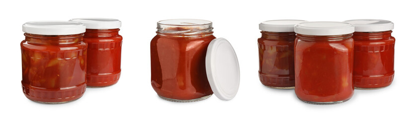 Set with delicious canned lecho on white background. Banner design