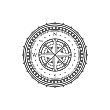 Medieval compass sign, geography symbol. Travel direction icon, navigation rose wind vintage vector symbol. Marine travel medieval sign or antique map windrose star emblem