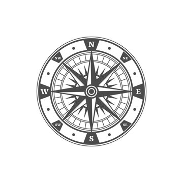 Antique navigation compass, marine navigation symbol. Sailor compass pictogram, nautical journey direction vector icon. Treasure hunt vintage symbol or medieval map rose wind sign