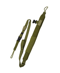 Nylon shoulder strap for a gun isolated on white back. Belt for comfortable carrying of weapons.