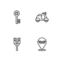 Set line Carnival mask, Old key and Scooter icon. Vector