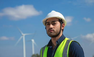 Portrait of worker or engineer with wind turbine background