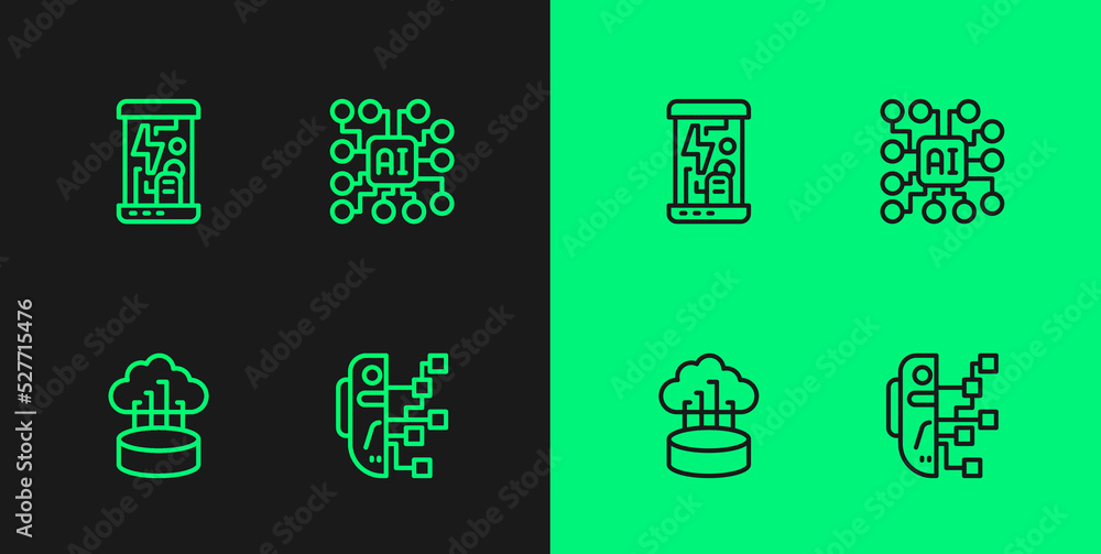 Canvas Prints Set line Humanoid robot, Network cloud connection, Cryogenic capsules and Neural network icon. Vector