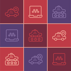 Obraz premium Set line Location taxi car, Taxi service rating and mobile app icon. Vector