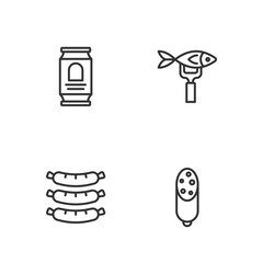 Set line Salami sausage, Sausage, Beer can and Dried fish icon. Vector