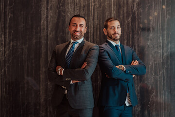 Portrait of two businessman in a suit with his arms crossed in a modern office building. Selective...