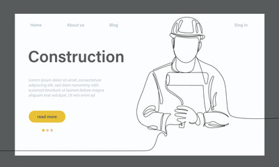 Vector landing page of architecture works with protective face masks for safety in machine industrial factory. Continuous one line drawing for your minimal design