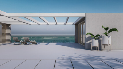 Architectural 3D Animation of Modern Minimal House With Sunbathing Bed Sea View 