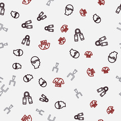 Set line Baseball helmet, Sport expander, American football goal post and Kimono on seamless pattern. Vector