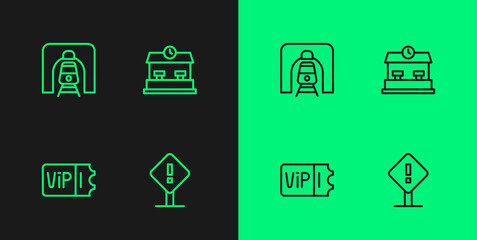 Set line Exclamation mark in square, Train ticket, railway tunnel and Railway station icon. Vector