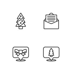 Set line Christmas tree, Gift bow, and Envelope icon. Vector