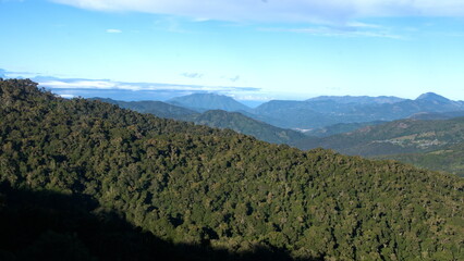 Overhead view of lush, rolling hills at the high altitude Paraiso Quetzal Lodge outside of San Jose, Costa Rica