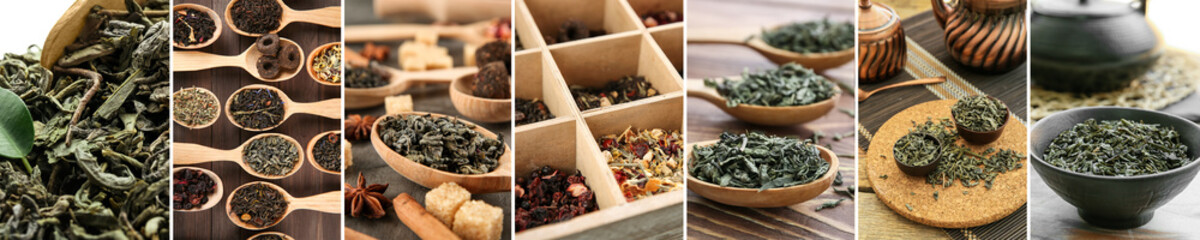 Collage with different types of dry tea leaves