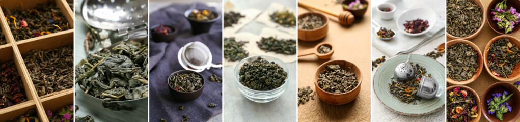 Collage with different types of dry tea leaves