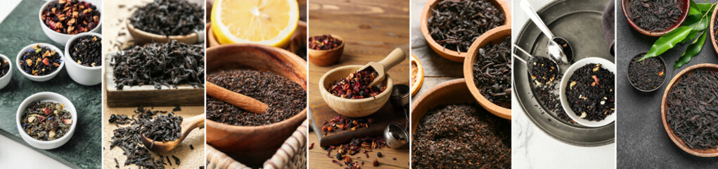 Collage with different types of dry tea leaves