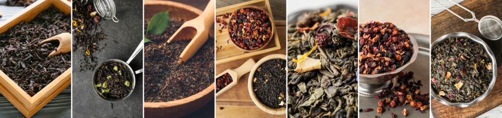 Collage with different types of dry tea leaves