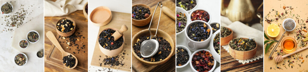 Collage with different types of dry tea leaves