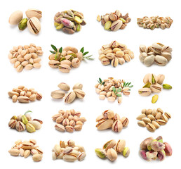 Set of tasty pistachios isolated on white