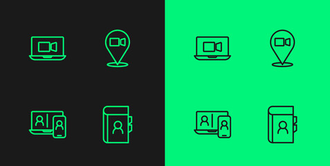 Set line Phone book, Video chat conference, and icon. Vector
