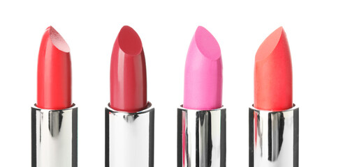 Obraz premium Set of beautiful lipsticks on white background, closeup