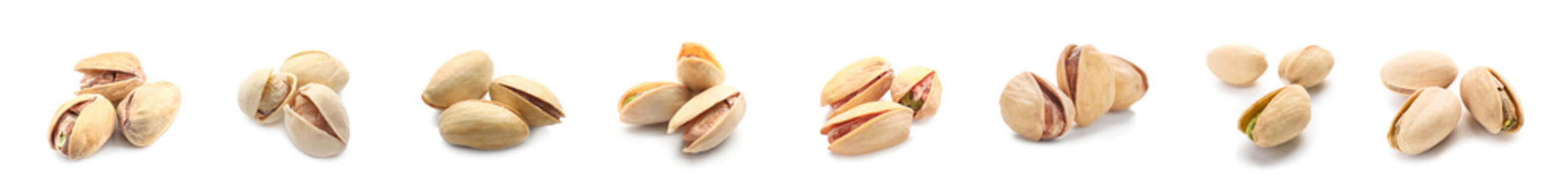 Set Of Tasty Pistachios Isolated On White