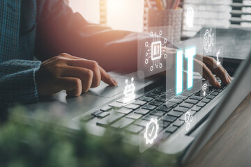 Consulting business concept, Business person hand typing keyboard with VR screen IT Consulting icon, robotic process automation, marketing dashboard.