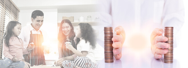 Hand separate saving money, finance, loan, debt into two stack coin. Family Father mother husband wife kid children plan Inheritance or last will to manage asset allocation after getting older or dead