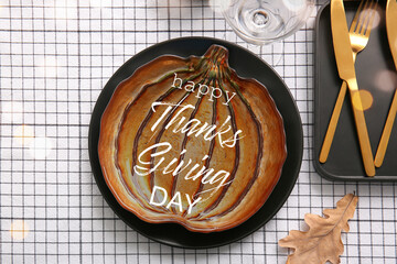 Greeting card for Happy Thanksgiving Day with stylish table setting