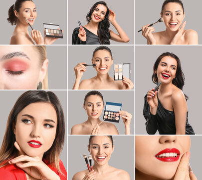 Beauty collage with fashionable young women and cosmetics on grey background