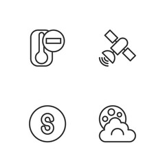 Set line Cloud with moon, Compass south, Thermometer and Satellite icon. Vector