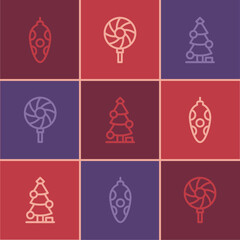 Set line Christmas toy, tree and Lollipop icon. Vector