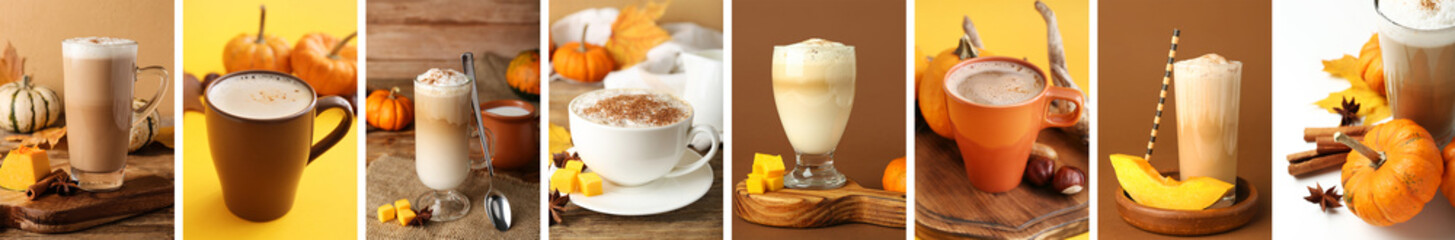 Collage of autumn coffee beverages on color background