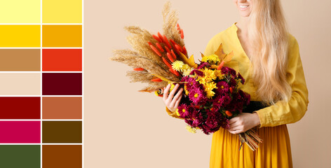 Young woman with beautiful autumn bouquet on light background. Different color patterns