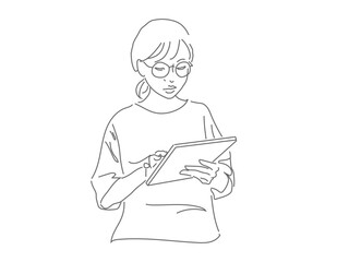 挿絵などに使えそうな、本を読んだり、タブレットで検索したり、資料を確認したりしているメガネをかけた、上半身女性のシンプルなイラスト