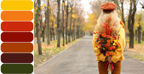 Young woman holding beautiful autumn bouquet behind her back in park. Different color patterns