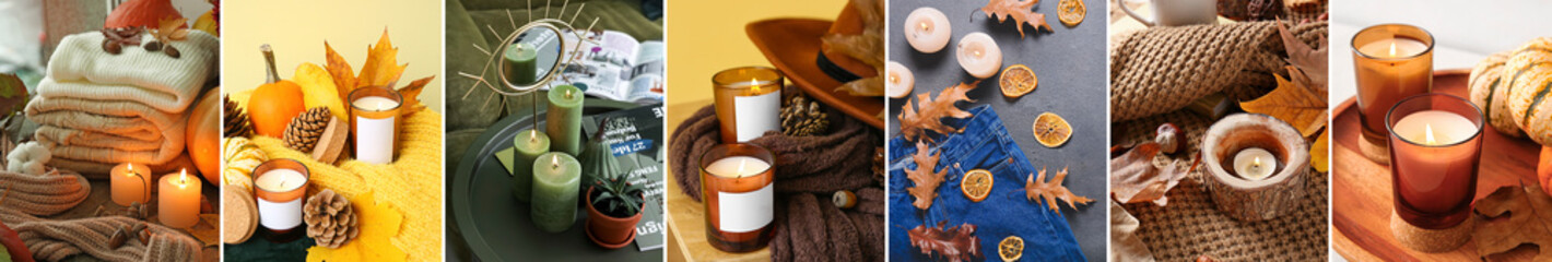 Autumn collage with glowing aroma candles in room